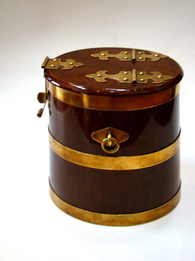 A magnificent 19th century miniature brass mounted walnut Royal Navy rum barrel circa 1860